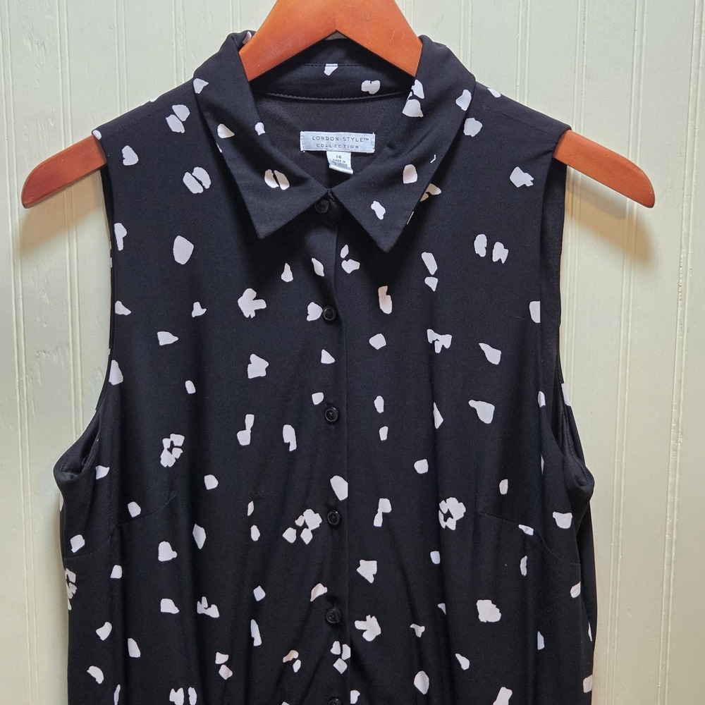London Style Shirt Dress Womens 14 Black Polka Dot Sleeveless Collared Maxi